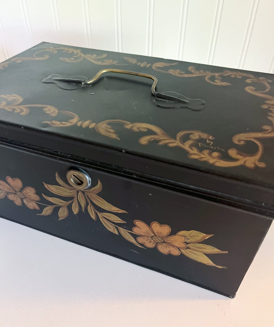 Vintage Early Black Tin Box with Hand-painted Toleware