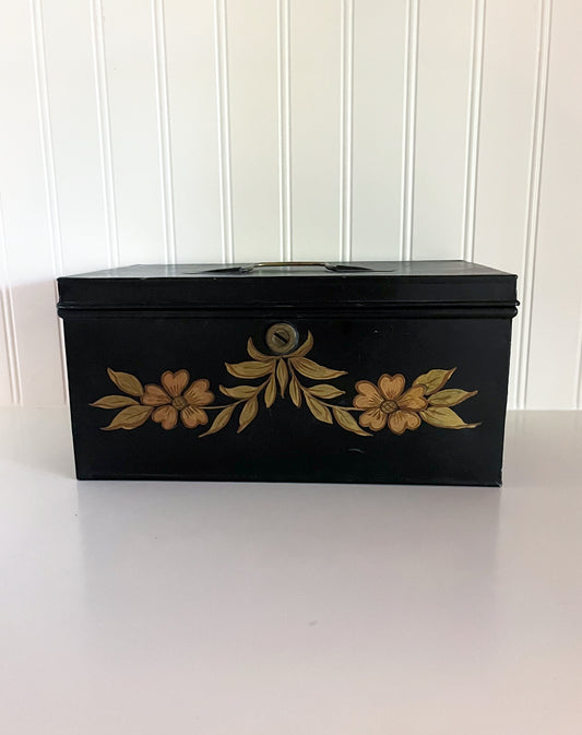 Vintage Early Black Tin Box with Hand-painted Toleware