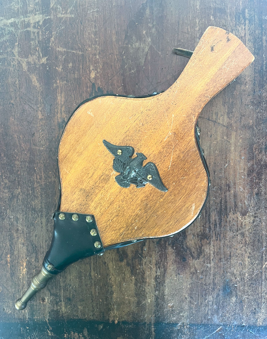 Vintage Wood and Leather Fireplace Bellows with Eagle Emblem