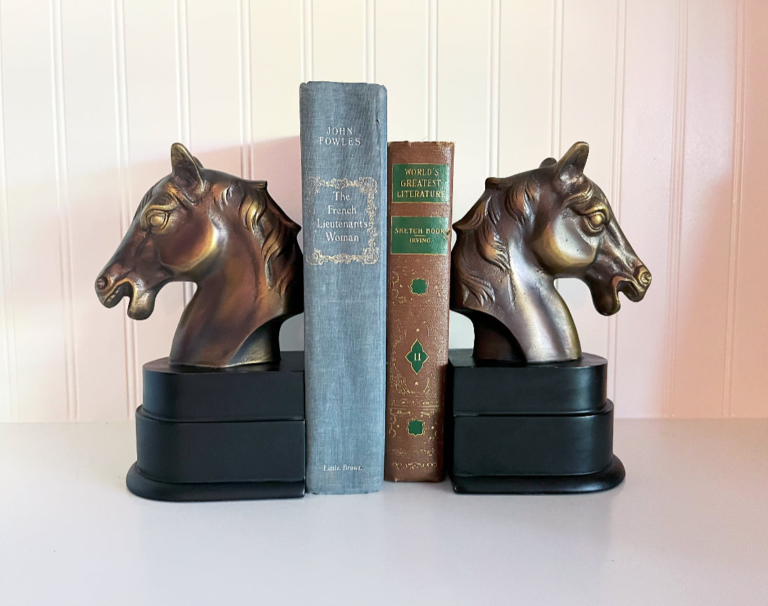 Copper Horse Head Bookends Mounted on Black Base