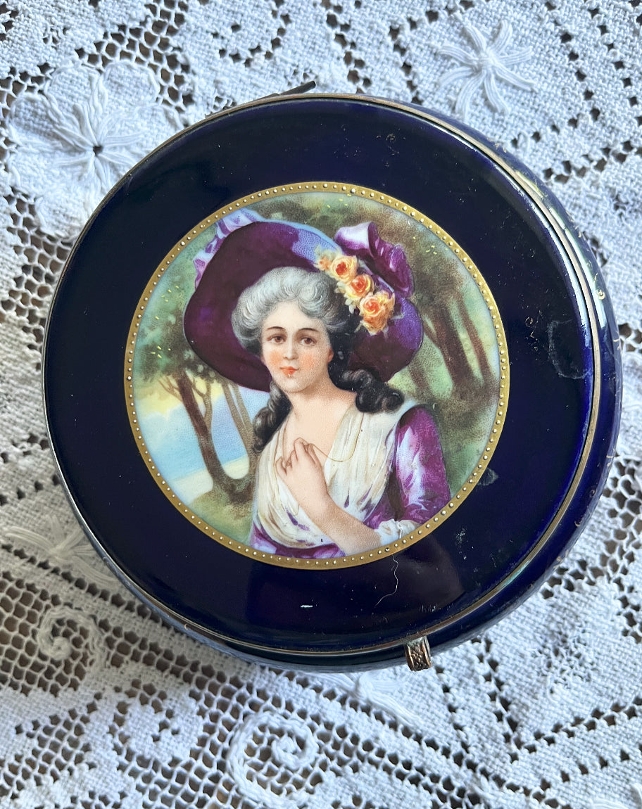 Victorian Cobalt Portrait Powder Jar with Mirror on the Inside