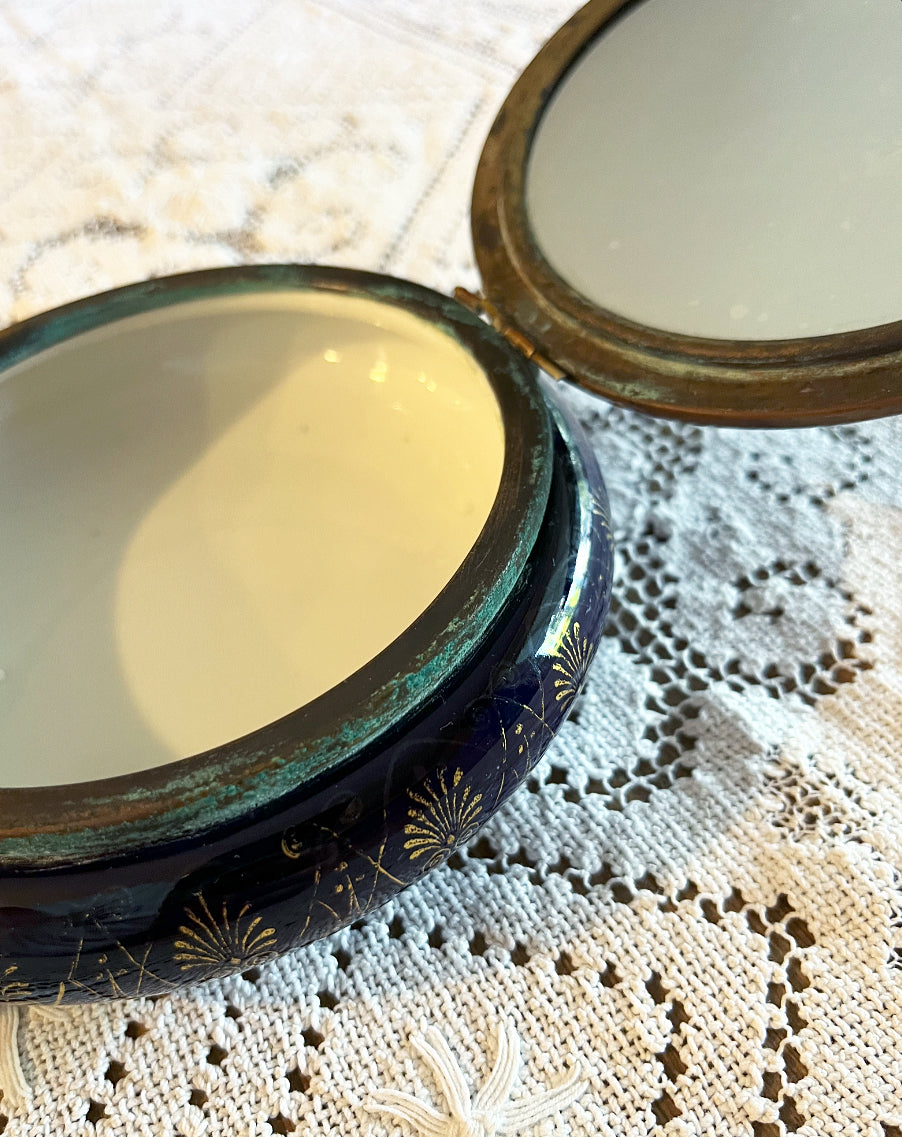 Victorian Cobalt Portrait Powder Jar with Mirror on the Inside