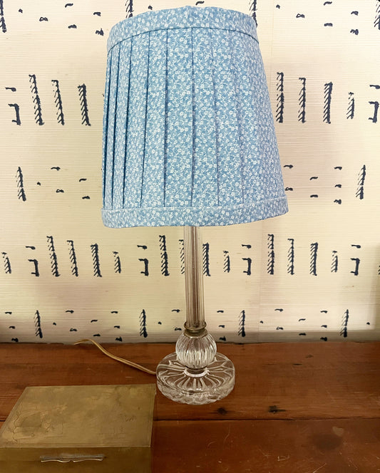 Vintage Small Clear Glass Accent Table Lamp with No Glue Fabric Pleated Lamp Shade