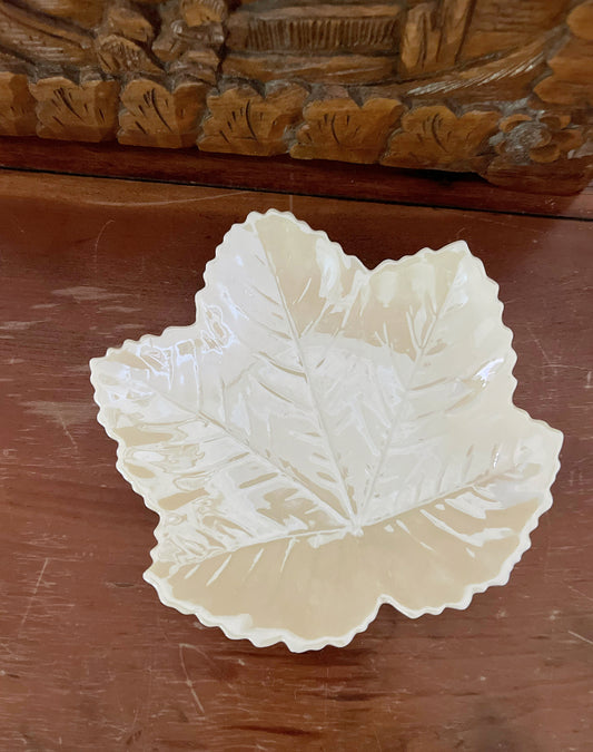 Vintage Iridescent Belleek Pottery Trinket Dish Maple Sycamore Leaf