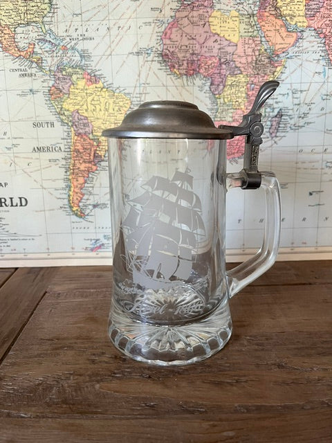 Vintage Old Spice CUI Ariel 1866 Etched Glass Clipper Ship Lidded Beer Stein