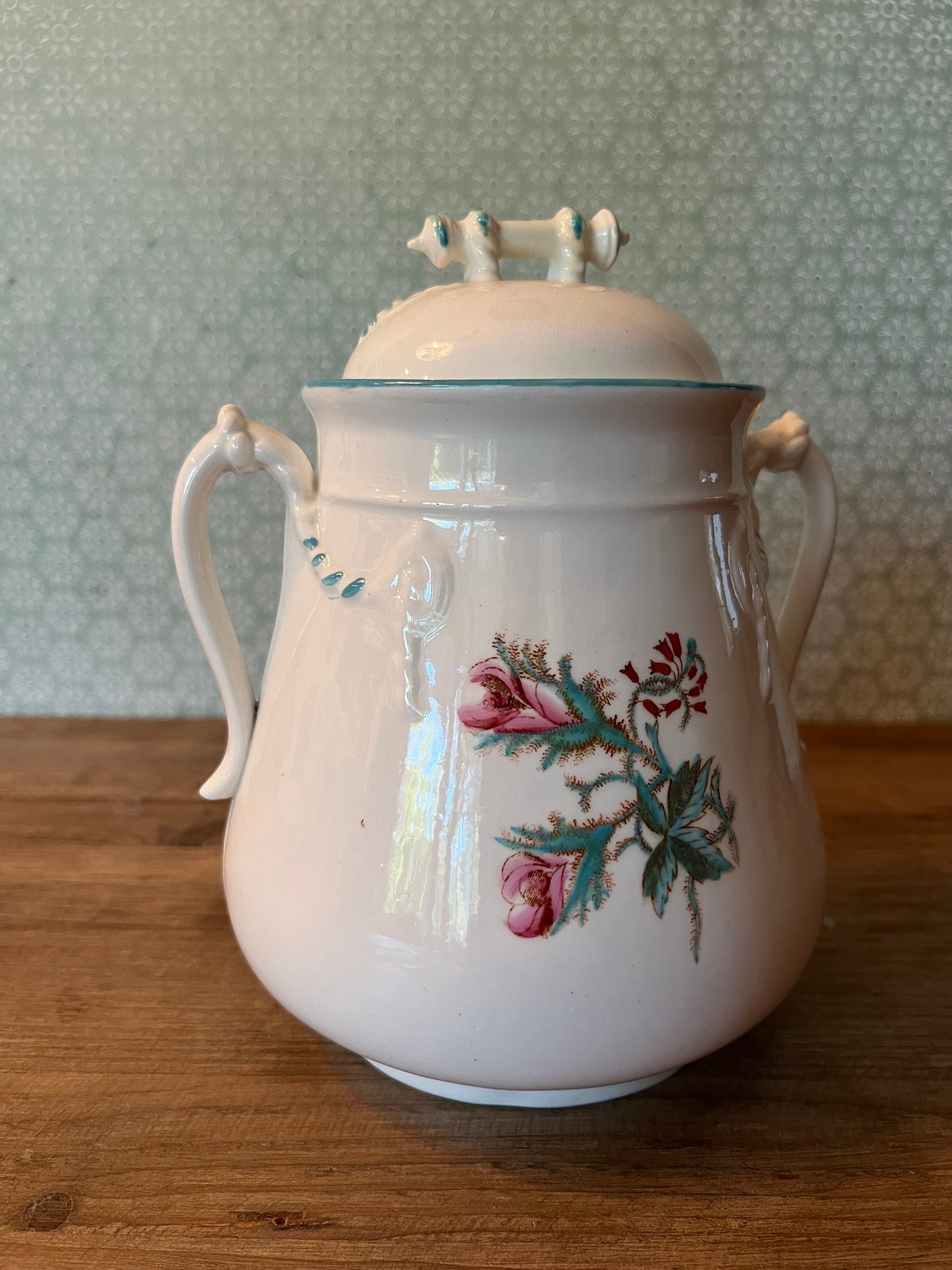 Victorian Turquoise Pink Red Ironstone Lidded Sugar Container