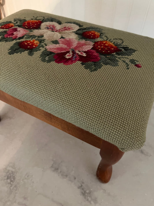 Cottagecore Strawberry and Floral Needlepoint Stool